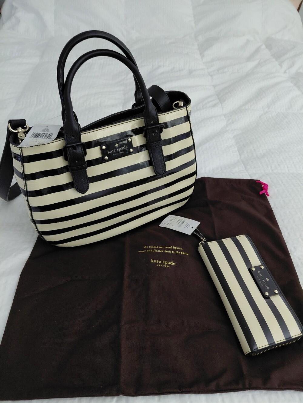 kate spade Black and Cream Striped Tote with Matching Wallet